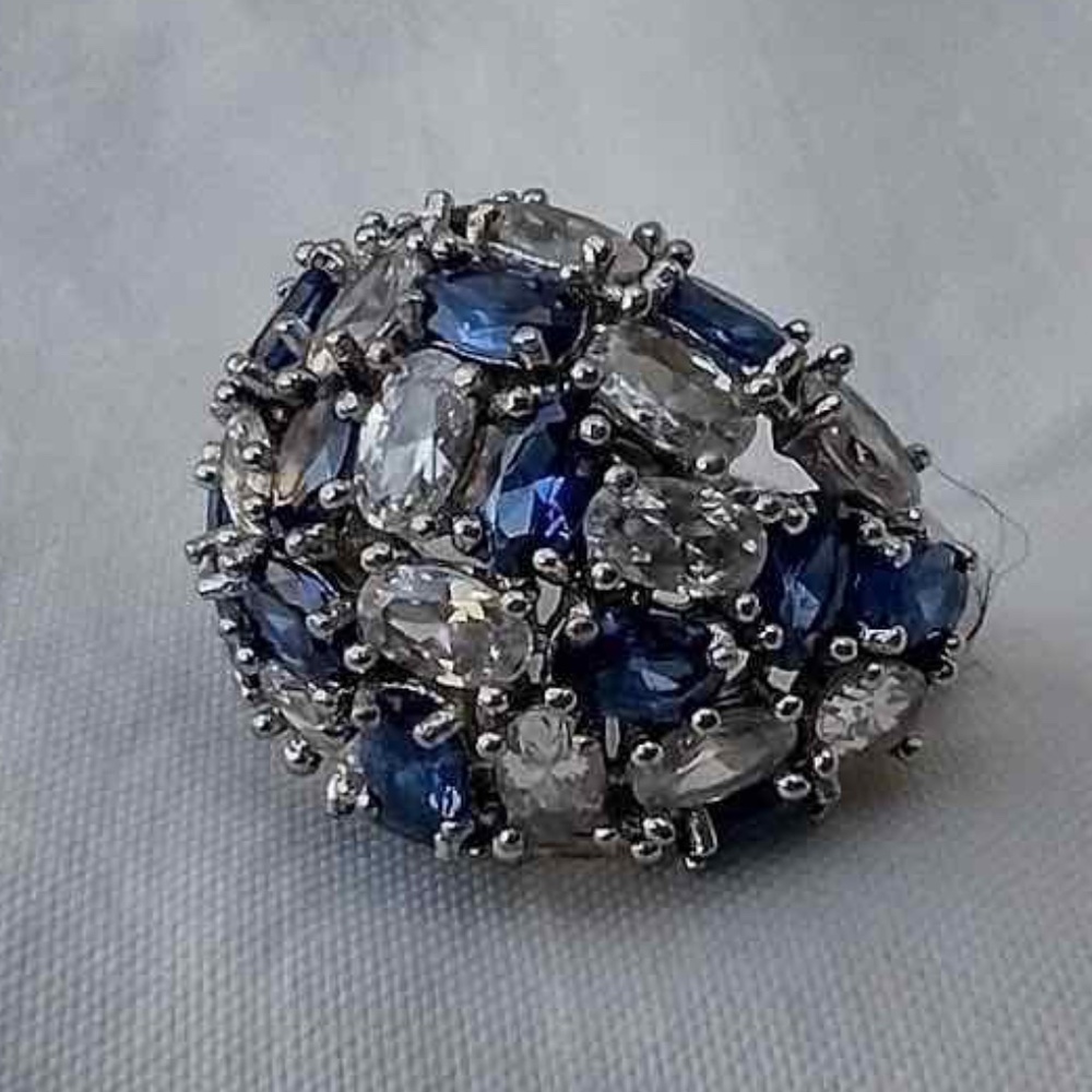 Vintage Nineties Blue & Clear CZ Studded Statement Sterling Silver Ring Size 7